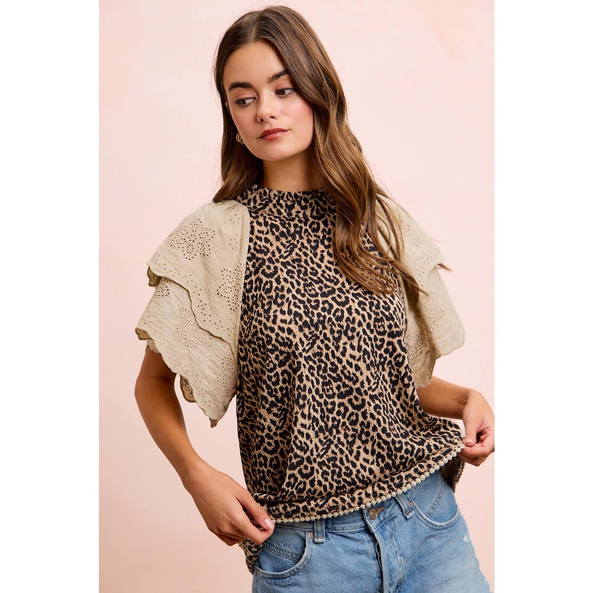TEXTURED LEOPARD PRINTED LACE SLEEVE BLOUSE TOP