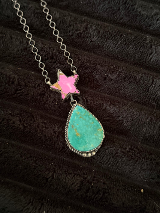 Navajo Handmade Cotton Candy & Turquoise Necklace - Tia Long