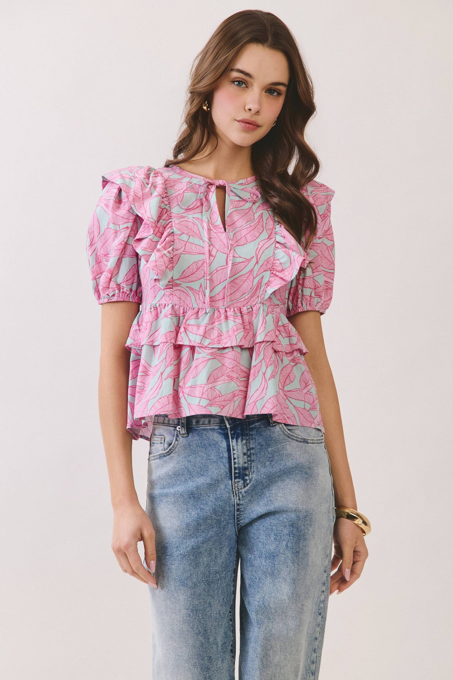 Tropical Leaf Print Ruffle Peplum Top