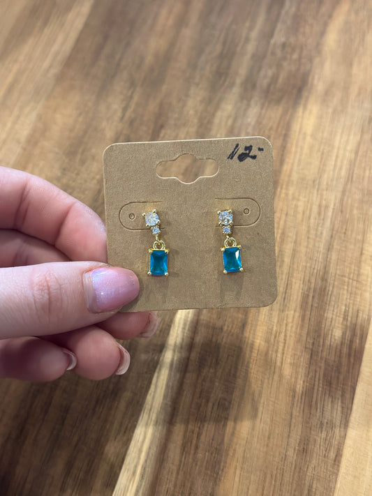 24K Gold Filled Aqua Blue Baguette Cubic Zirconia Dangle Drop Stud Earrings | Y119