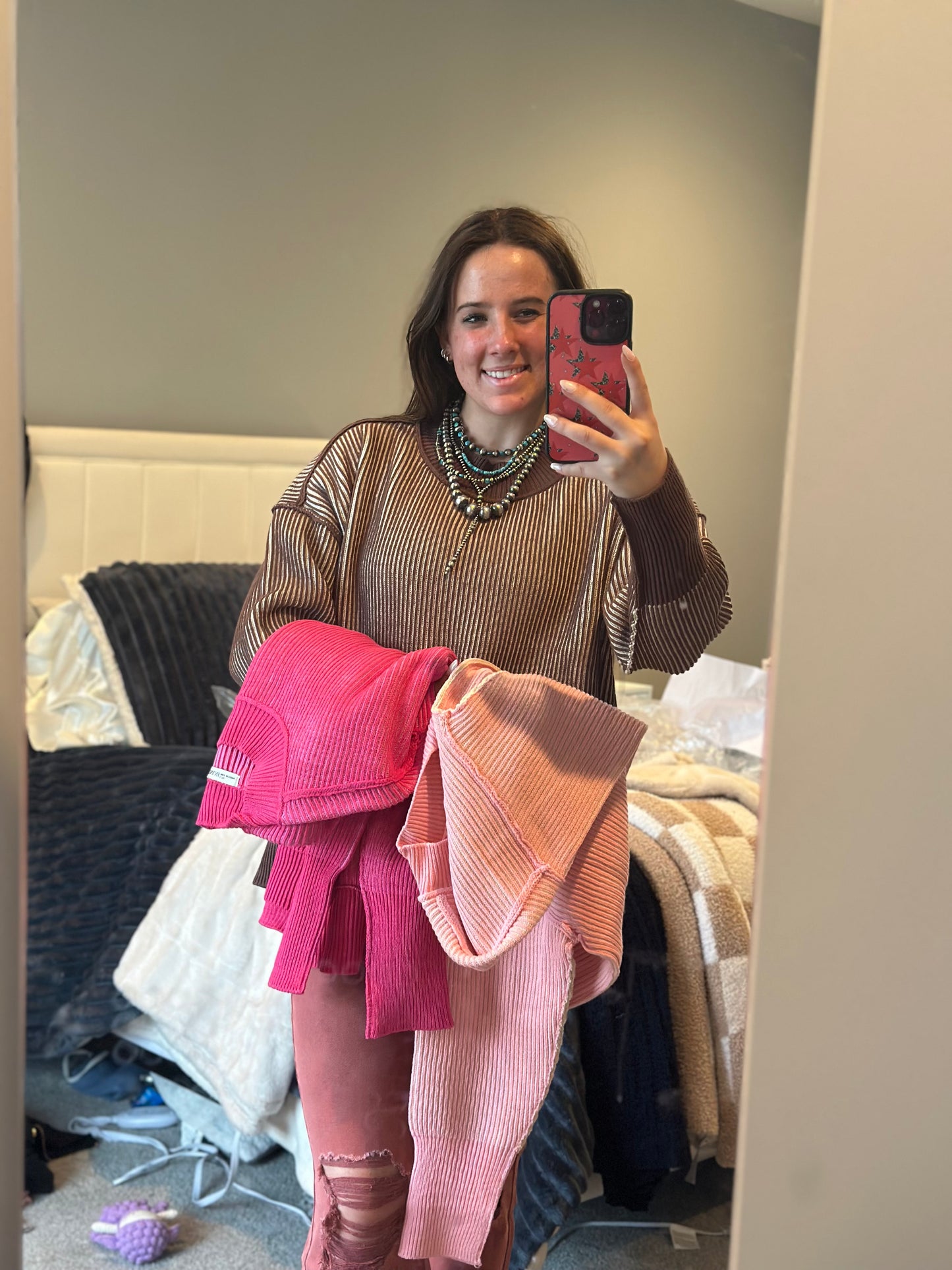 Exposed seam two tone sweater