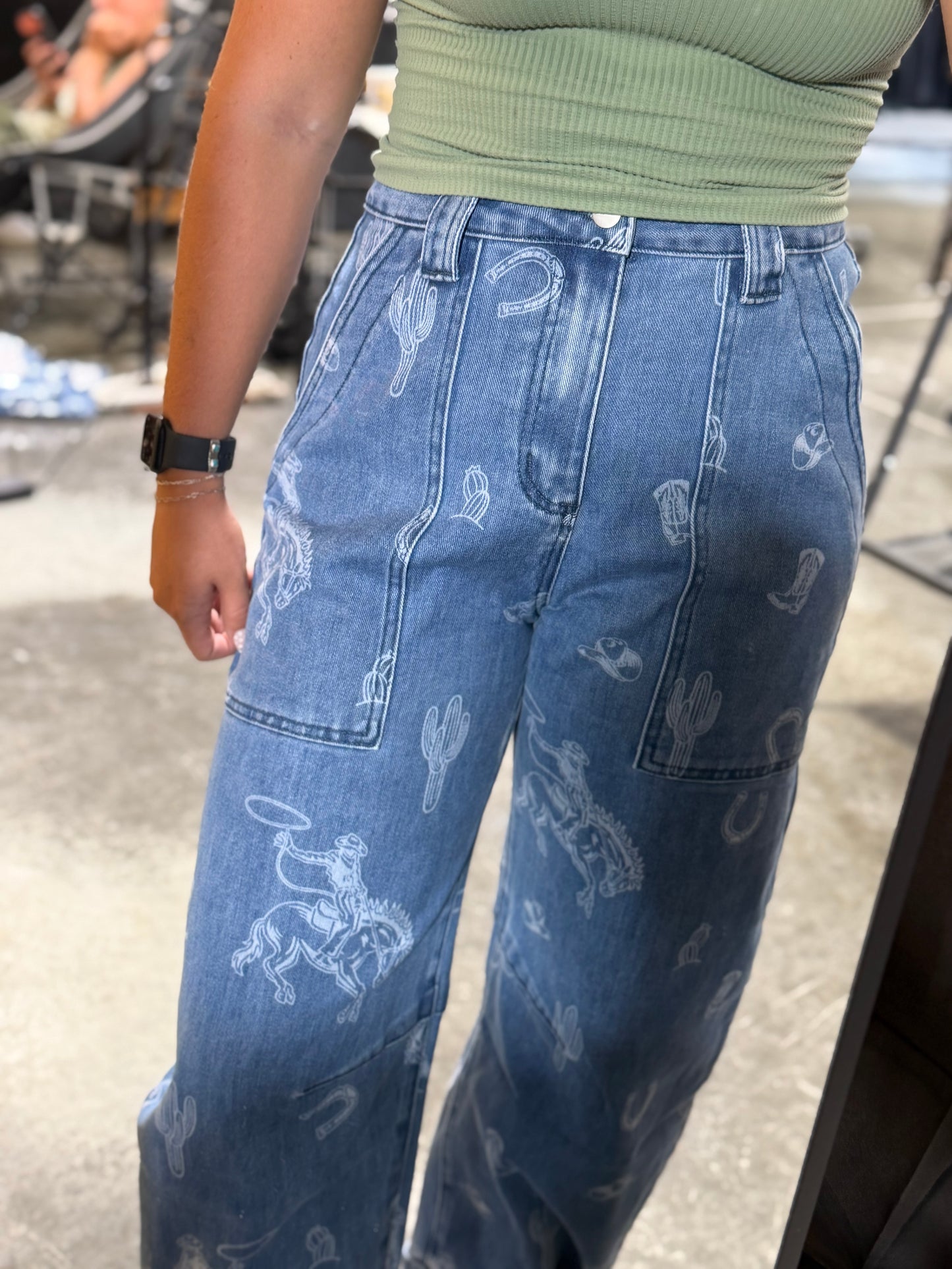 Western Print Barrel Leg Denim Jean