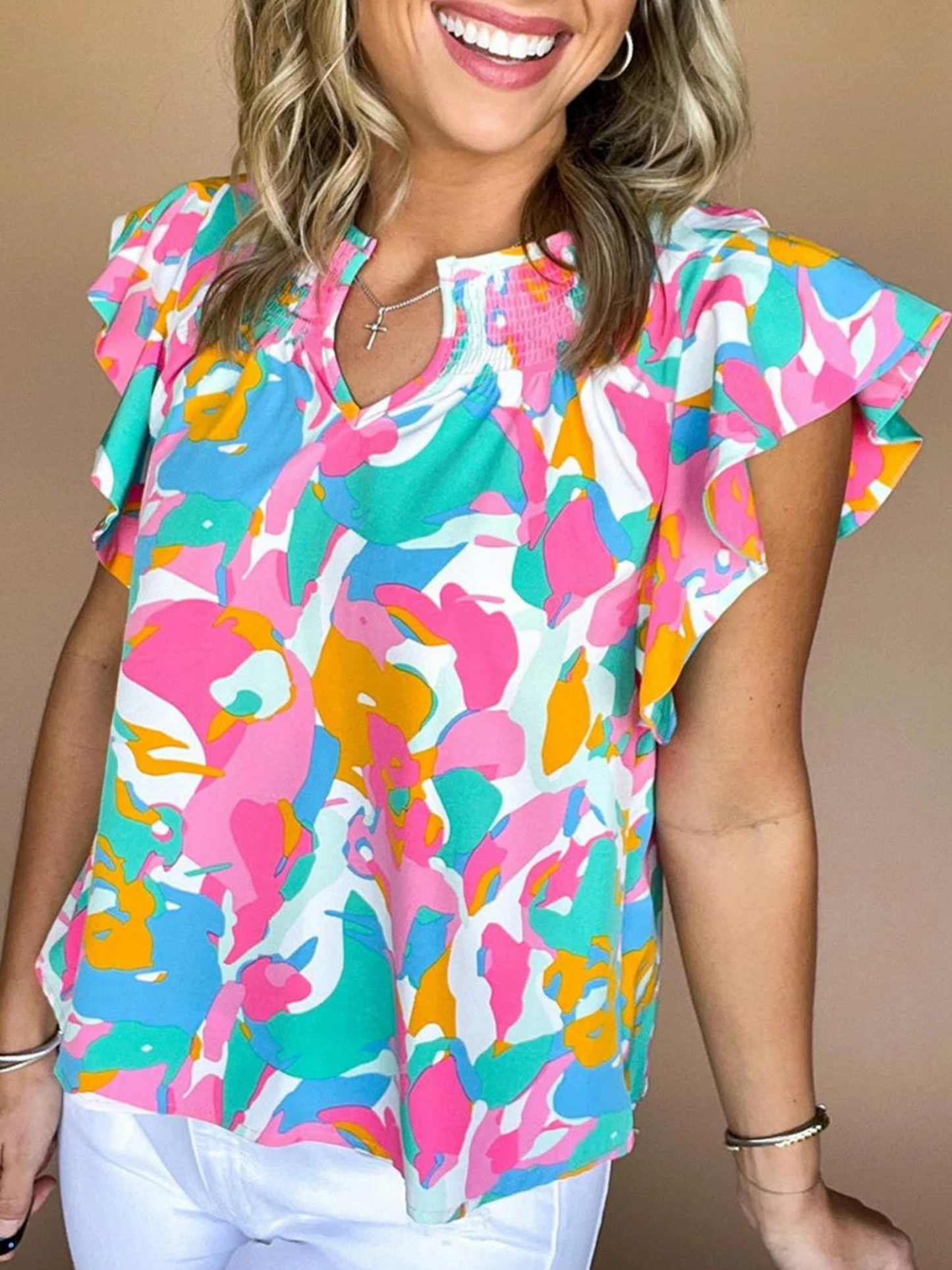 Multicolour Abstract Print Smocked Notched Neck Ruffle Blouse