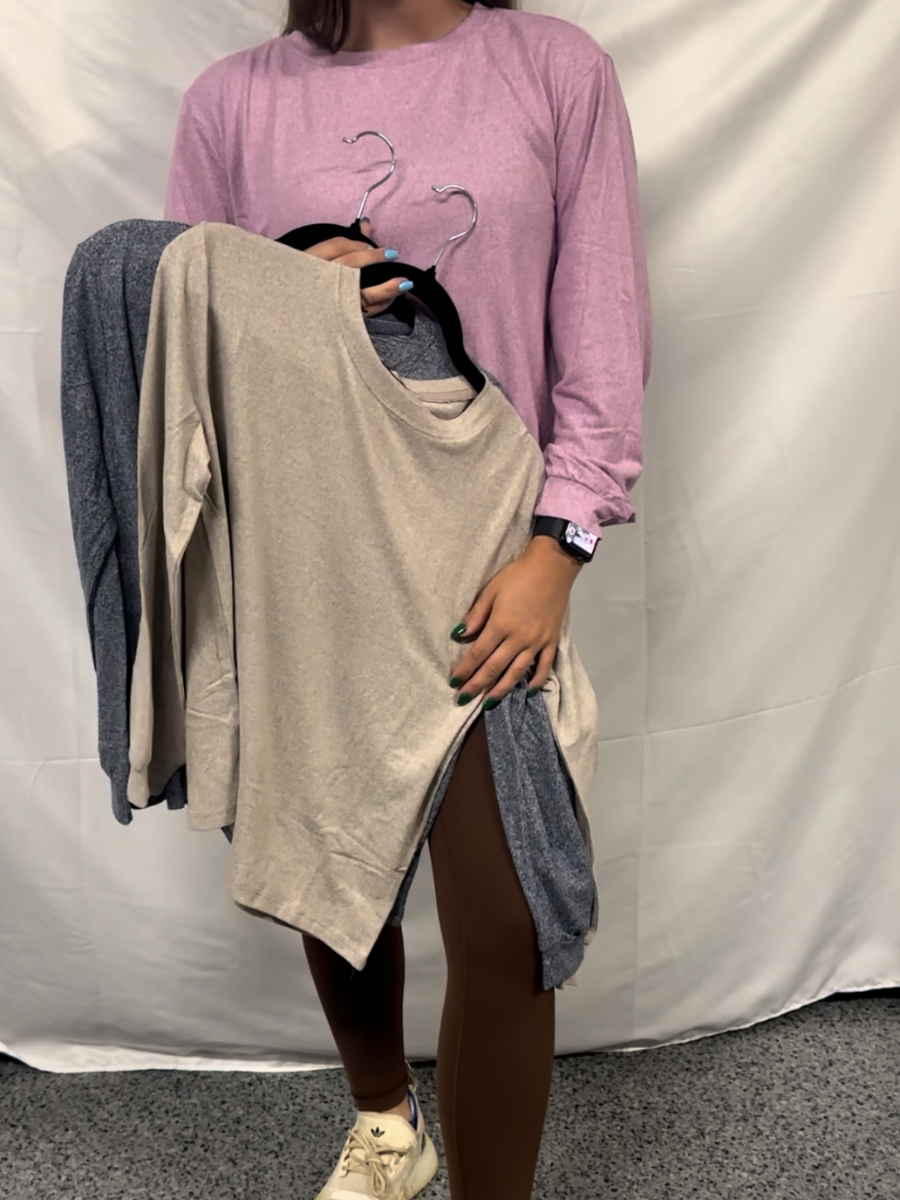 Soft melange hacci round neck long slv tee