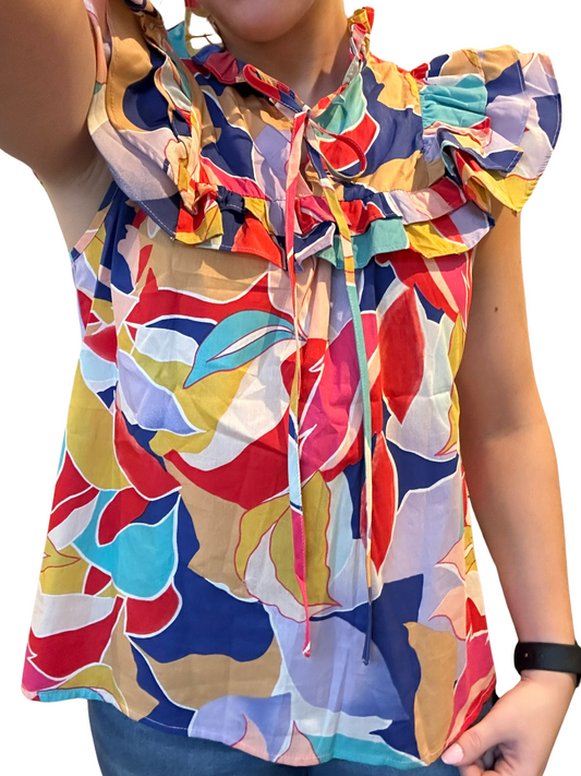 Pink Abstract Printed Ruffled Flutter Sleeve Tied Split V Neck Blouse