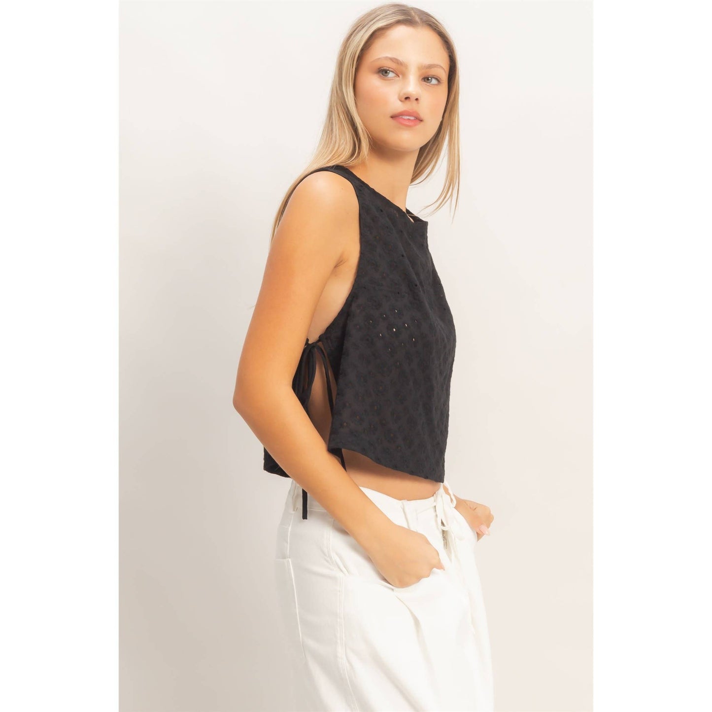 Sleeveless Textured Eyelet Top With Side Straps