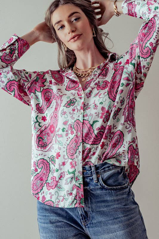 Pink Paisley Print Button Down Shirt