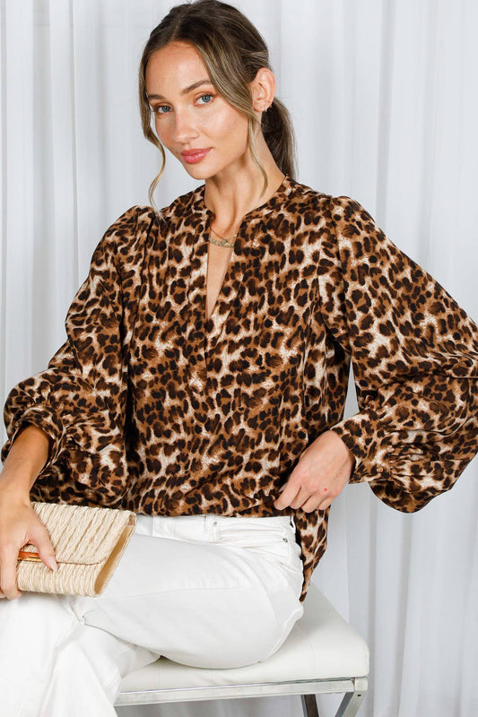 Leopard Printed Neckband With Placket Blouse Top VT81244J