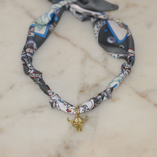 No Bull in Gray Scarf Necklace - gold bull pendant