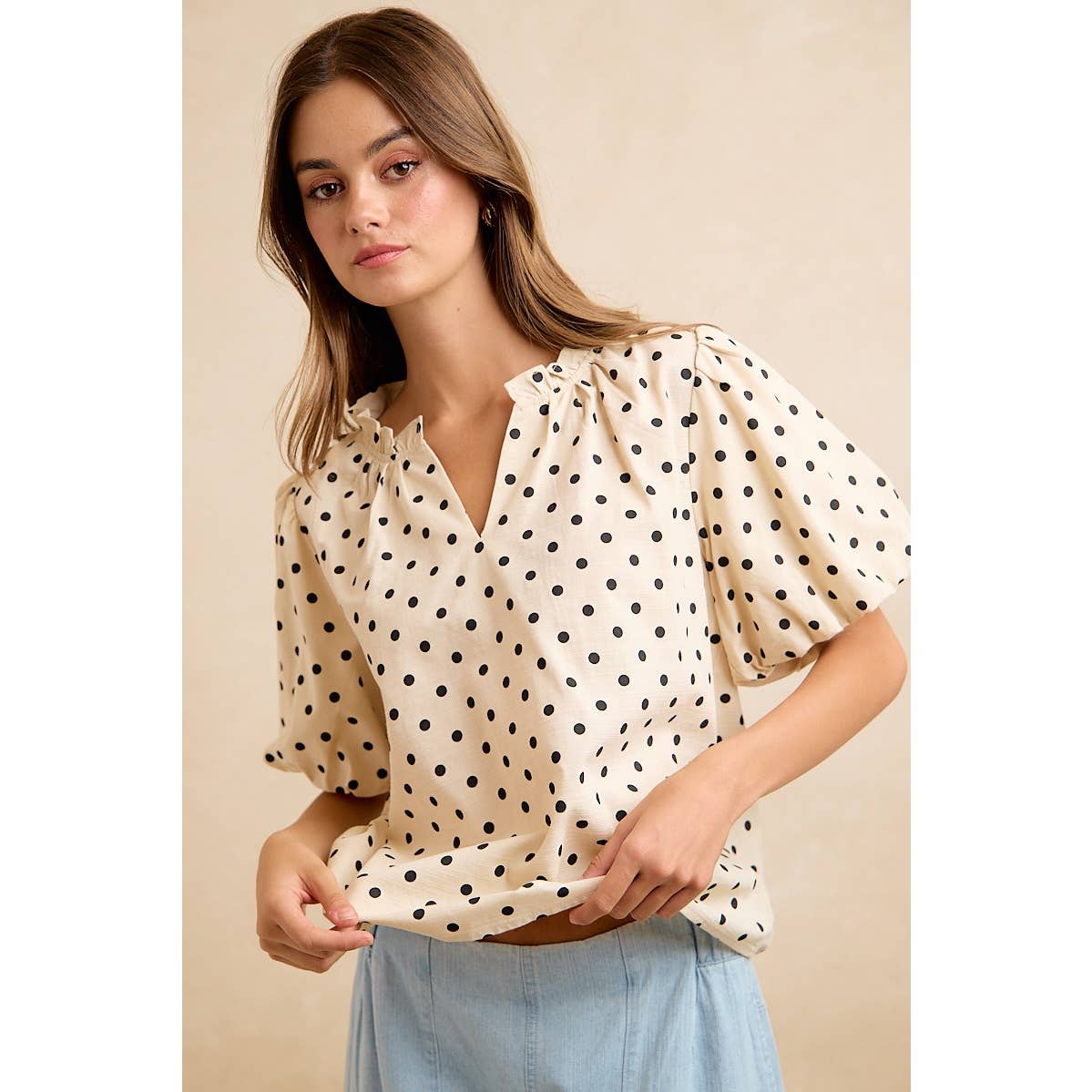 LINEN BLEND POLKA DOT PRINT BUBBLE SLEEVE BLOUSE TOP