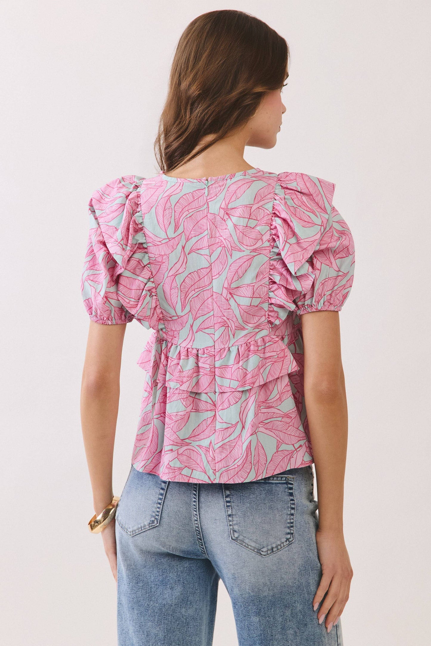 Tropical Leaf Print Ruffle Peplum Top