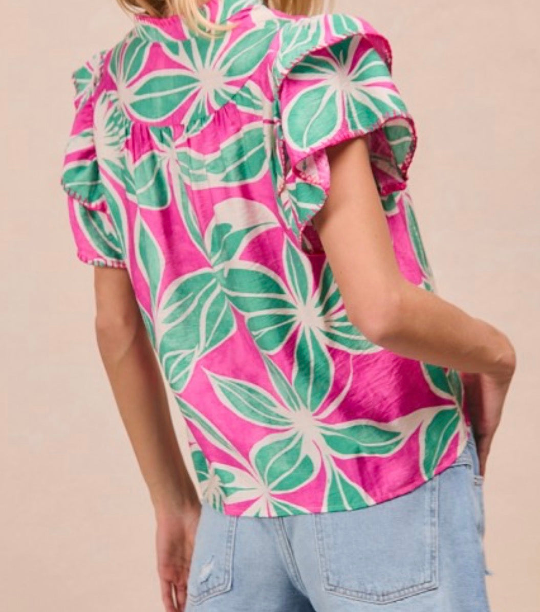 Floral printed stitch detail blouse