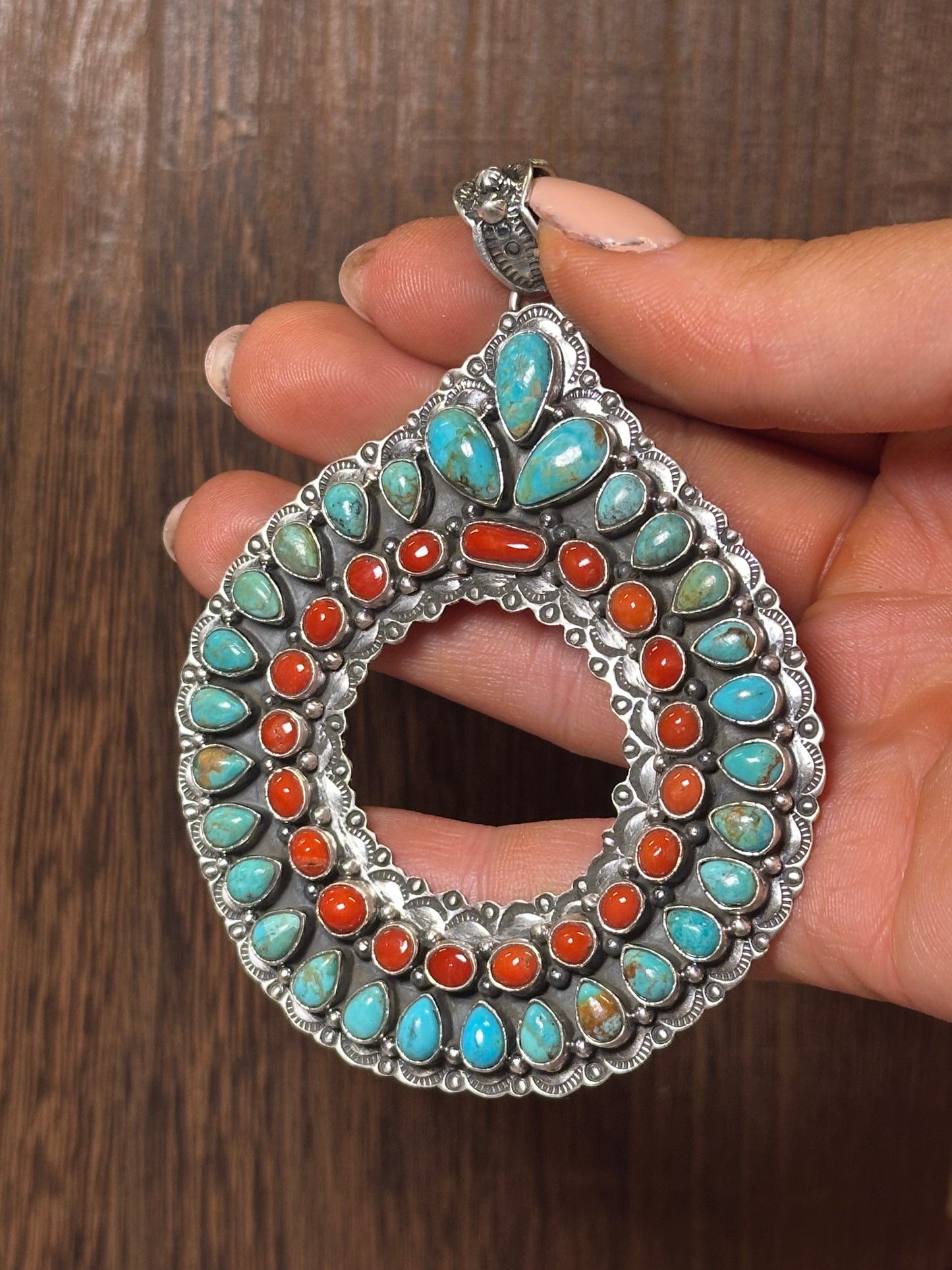 Handmade Sterling Silver, Coral & Kingman Turquoise Christmas Wreath Pendant