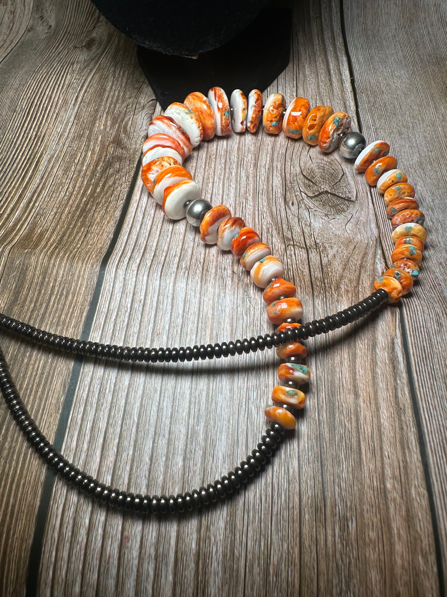 22 Inch orange spiny, turquoise and sterling silver pearls