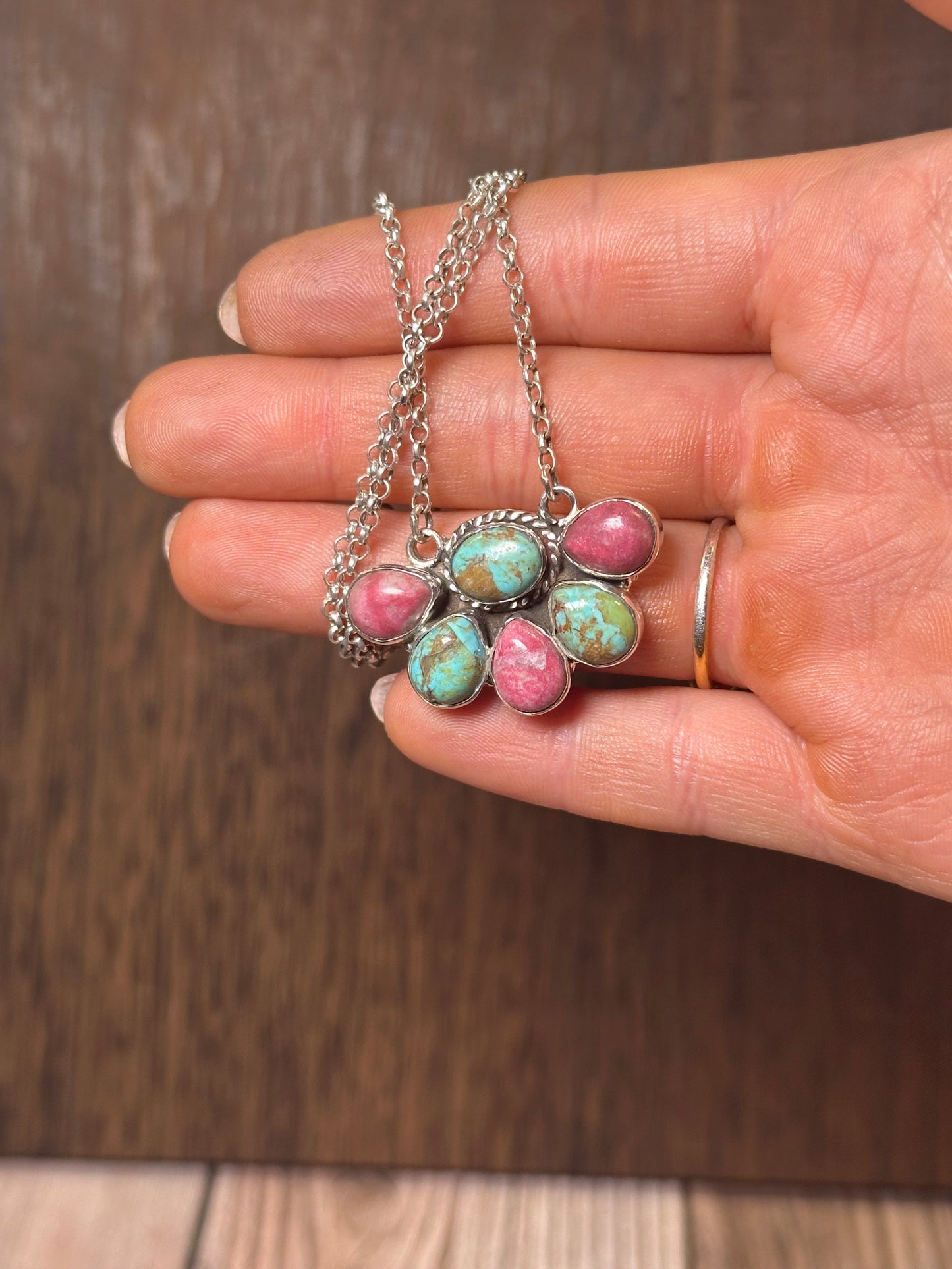 Handmade Sterling Silver, Rhodonite & Turquoise Necklace