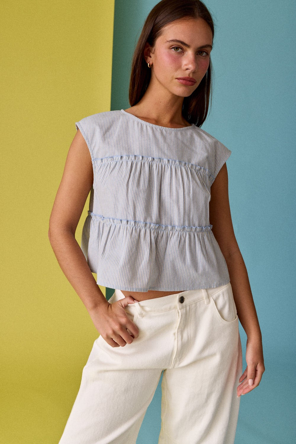 Tiered Seam Stripe Sleeveless Top