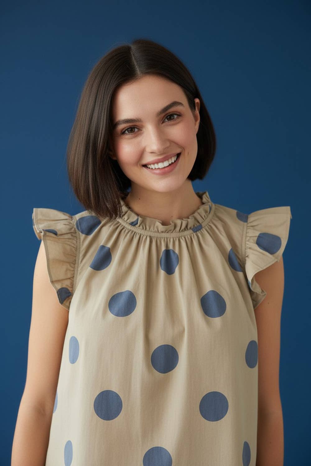 Ruffled Neck & Shoulder Polka Dot Blouse Top