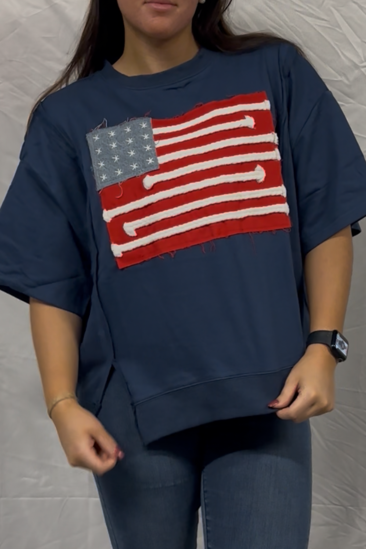 boxy wide short sleeve top with american flag patch