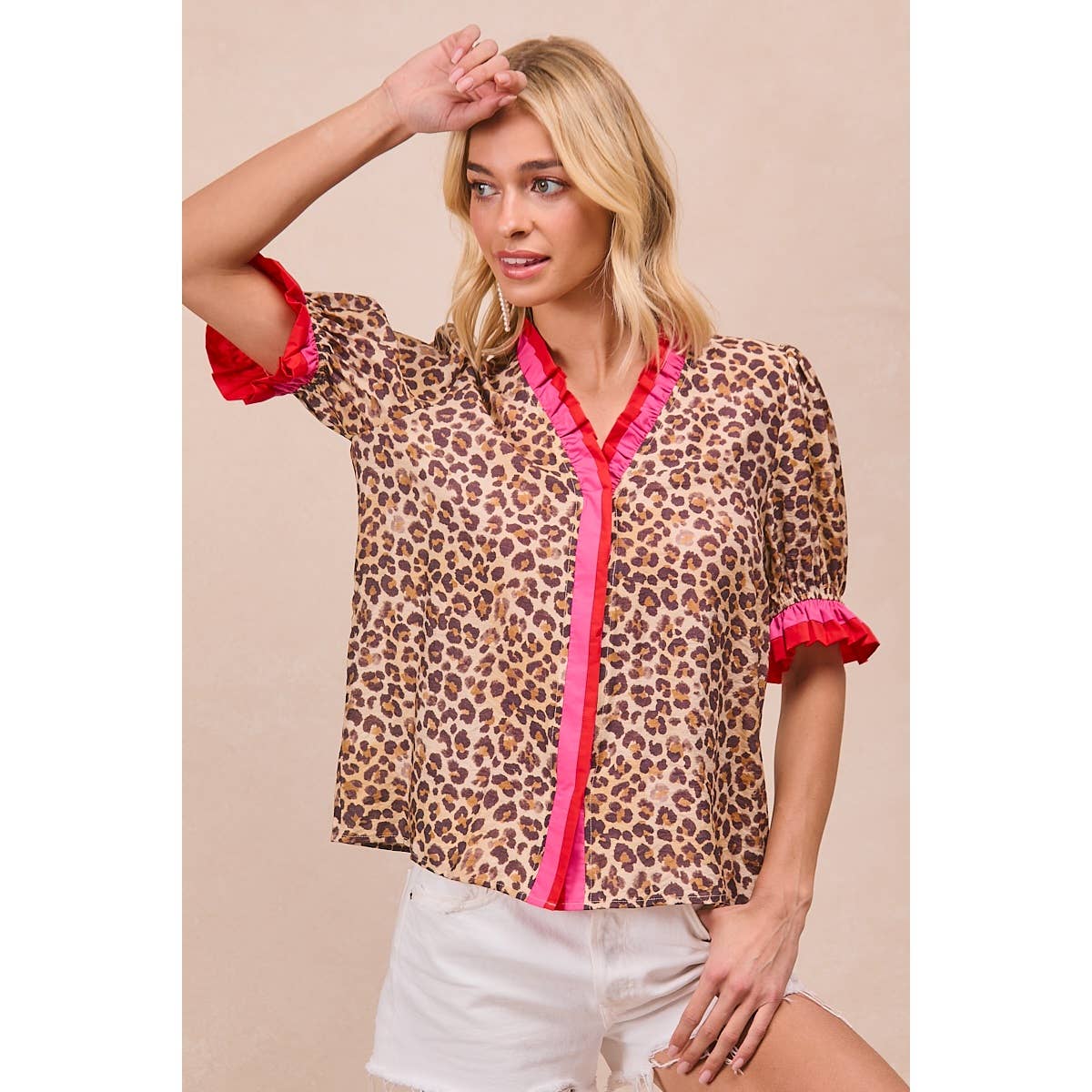 LEOPARD PRINTED WOVEN CONTRAST EDGE RUFFLED BLOUSE