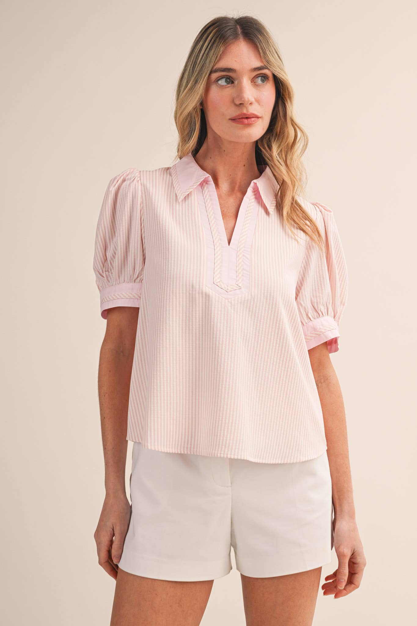 STRIPED CONTRAST BINDING COLLARED TOP MTP4840