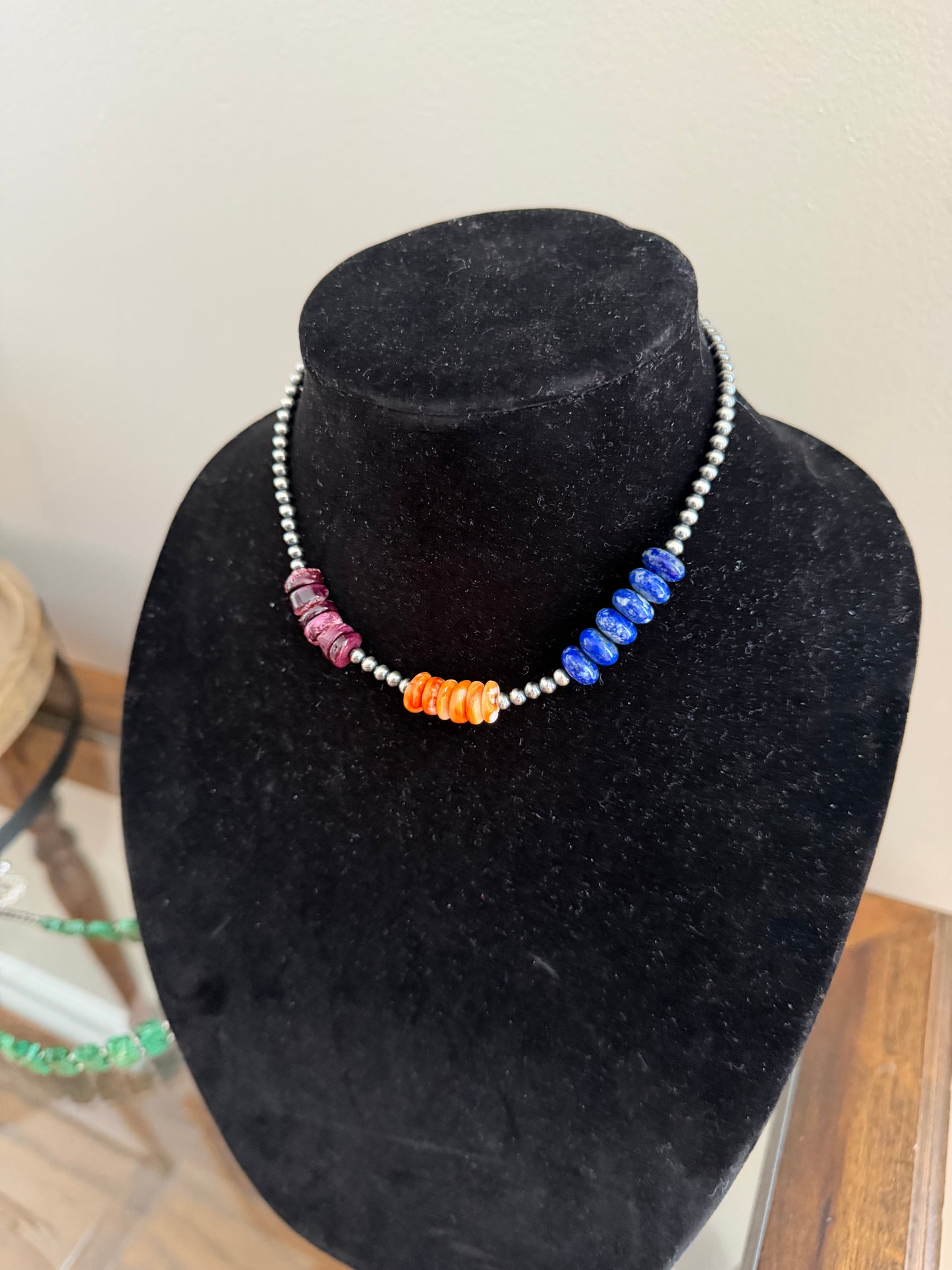 Tricolor stone x sterling pearl necklace