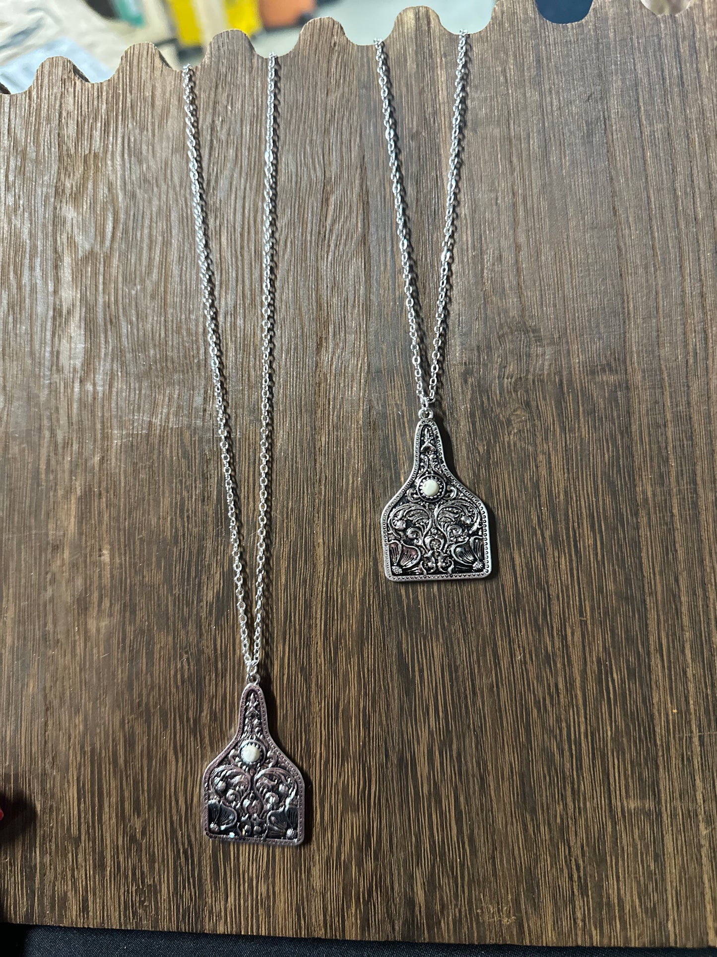 Patterned casting ear tag pendant  necklace