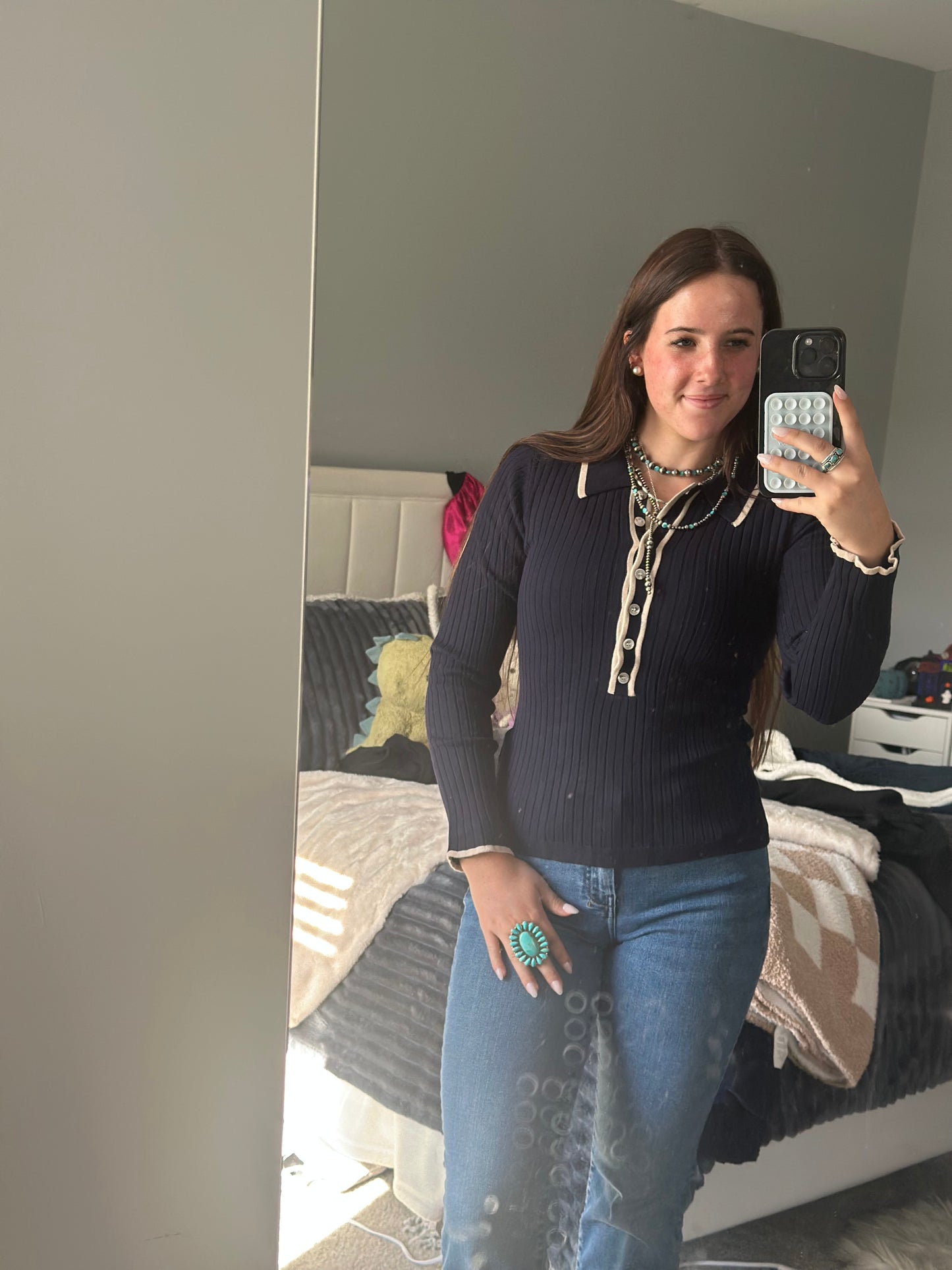 Solid ribbed long sleeve collared knit top