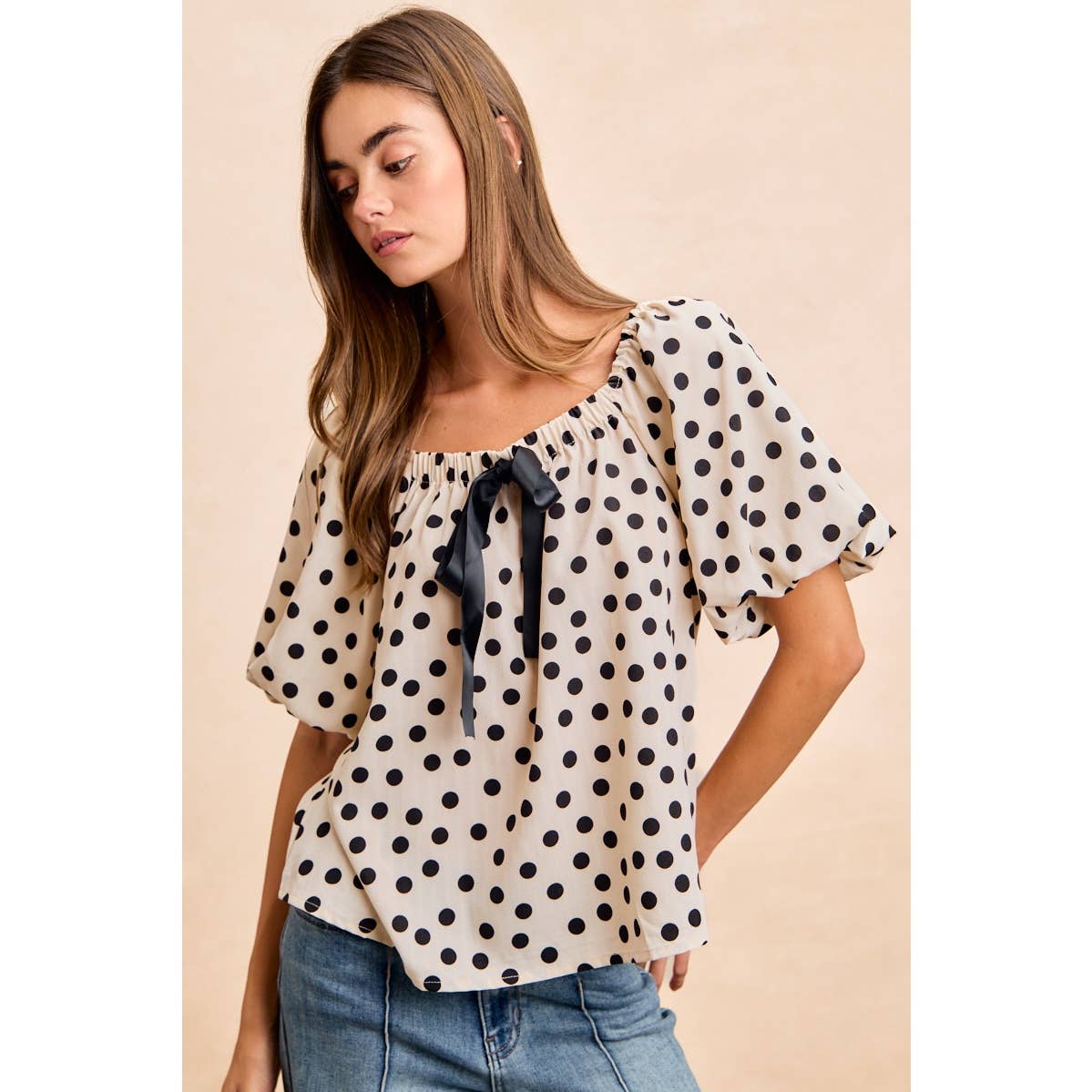 POLKA DOT BOW ELASTIC OPENING PUFF SLEEVES TOP