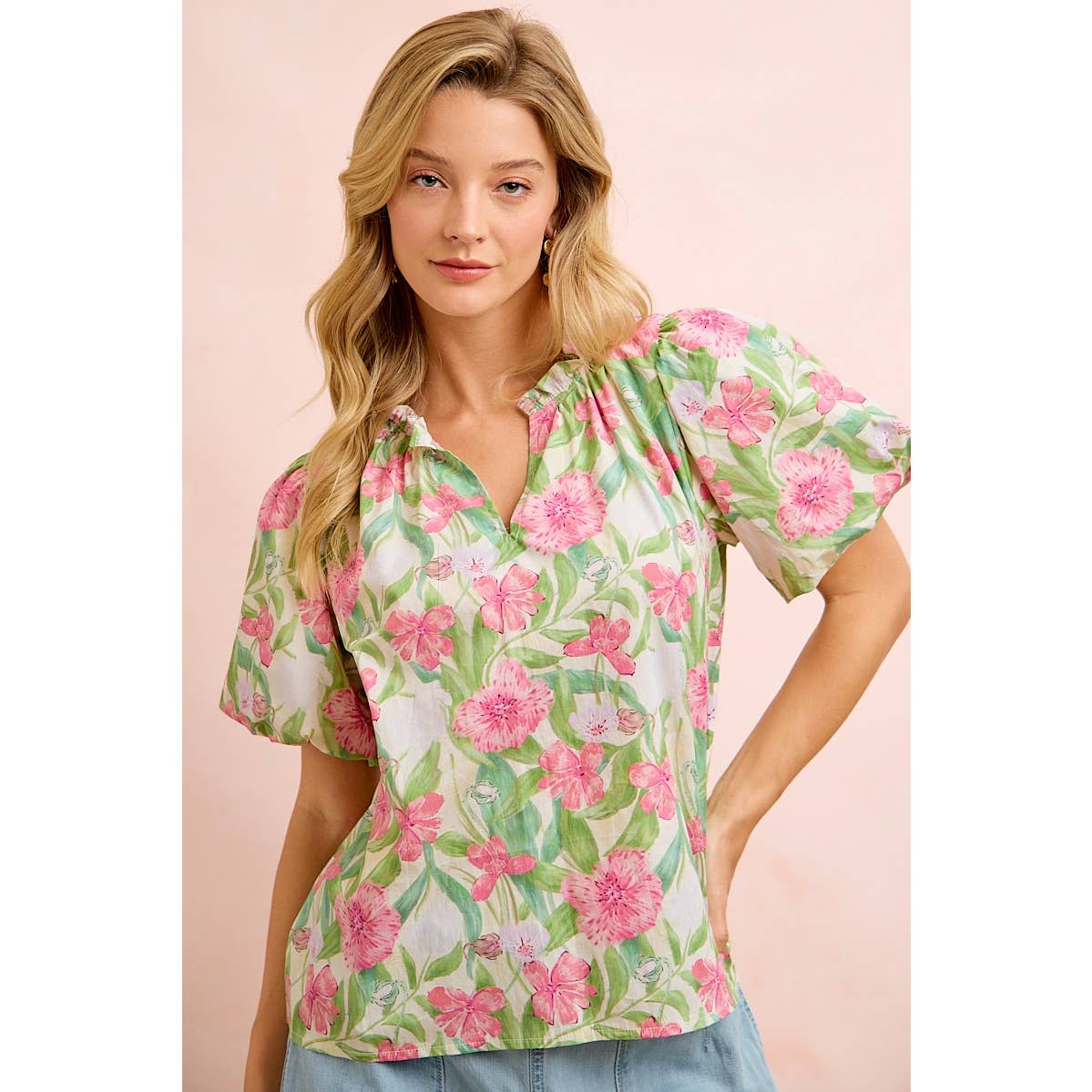 FLOWER PRINTED WOVEN RUFFLED V NECK TOP