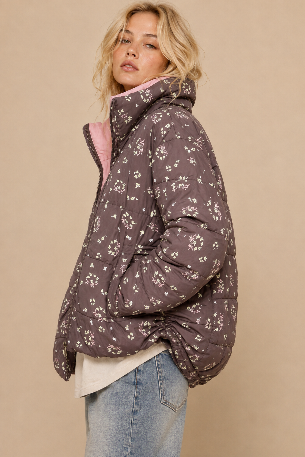 Bow Print Puffer Zipper Jacket