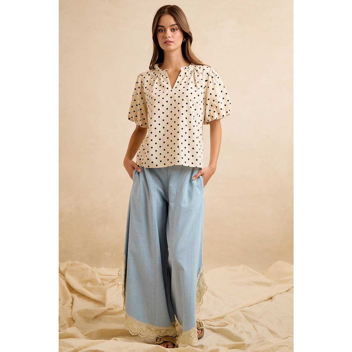 LINEN BLEND POLKA DOT PRINT BUBBLE SLEEVE BLOUSE TOP