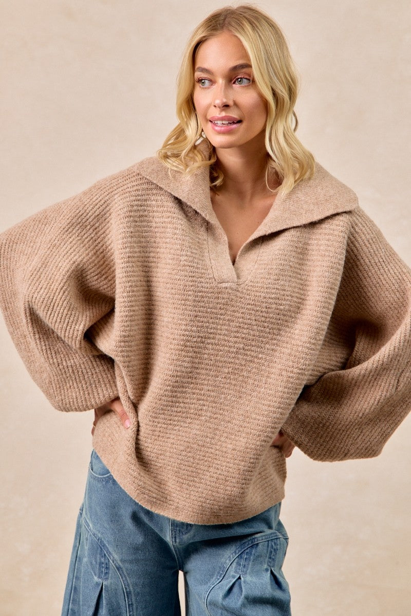 Solid Hacci Sweater Collared Top