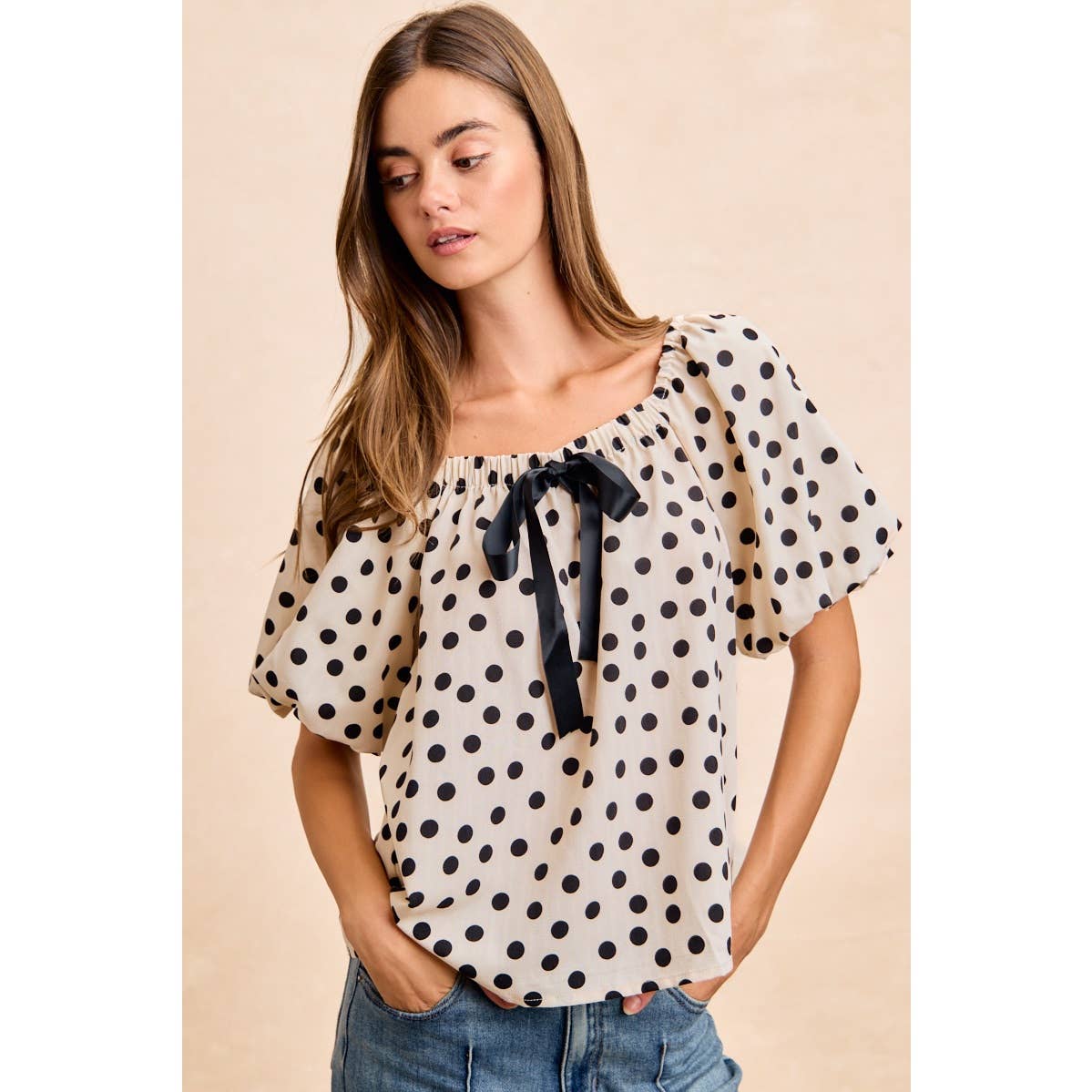 POLKA DOT BOW ELASTIC OPENING PUFF SLEEVES TOP