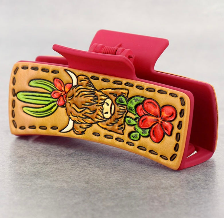 Large tooled leather western claw clip