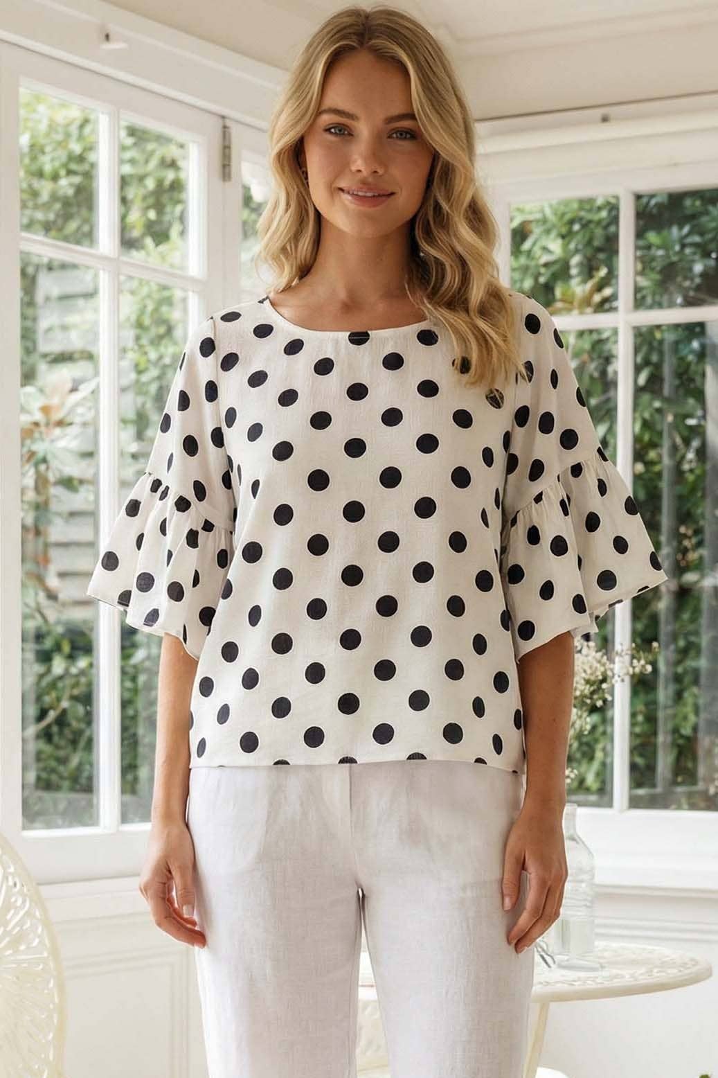 Polka Dot Wild Ruffle Sleeve Flowy Blouse Top VT83104D