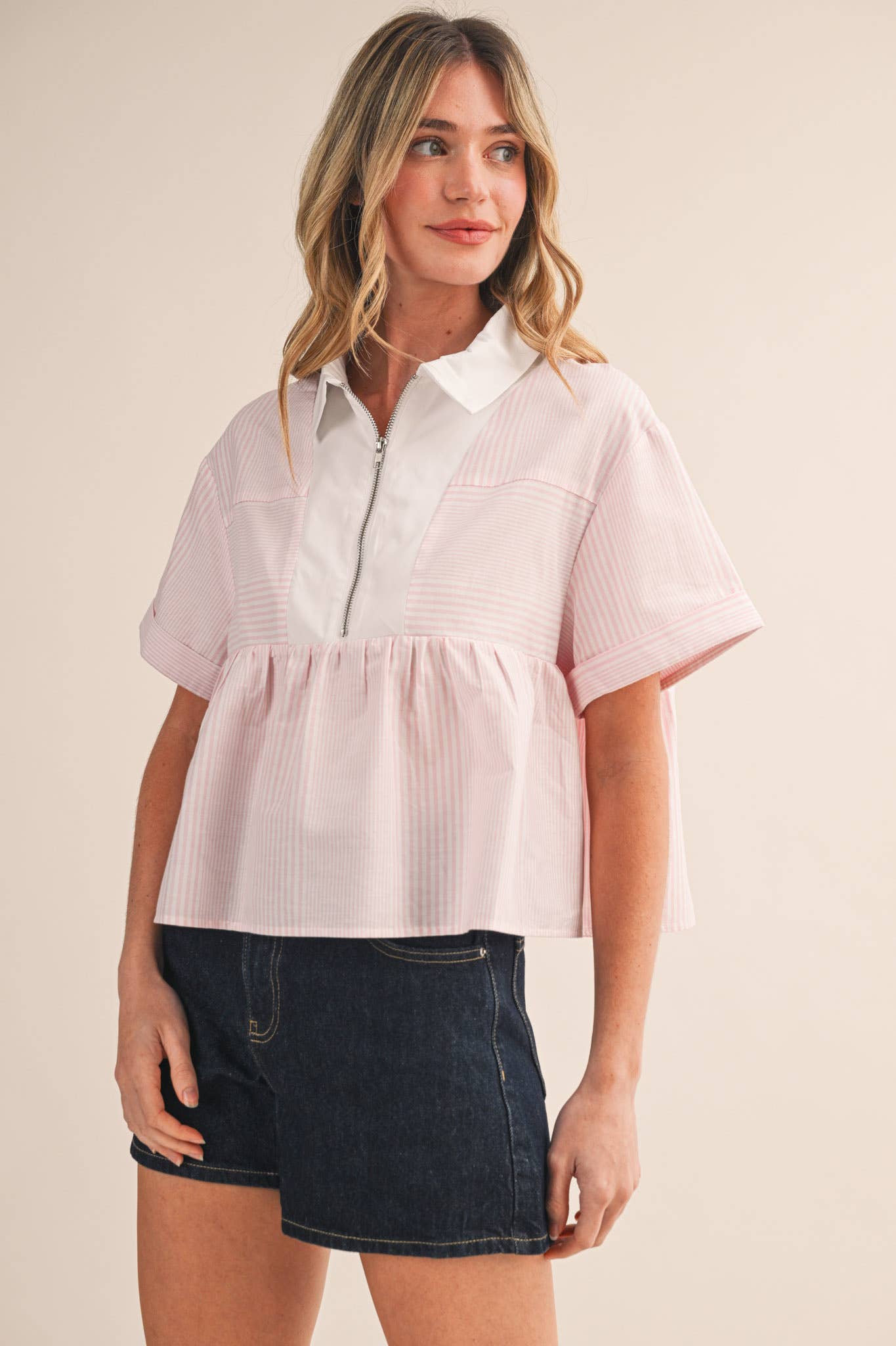 STRIPED HALF ZIP BABYDOLL TOP