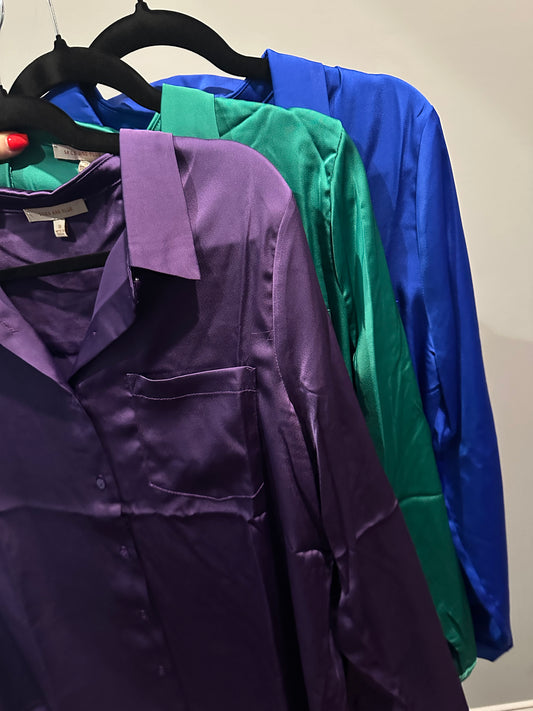 LONG SLEEVE SATIN BUTTON DOWN SHIRT WITH POCKET *6colors