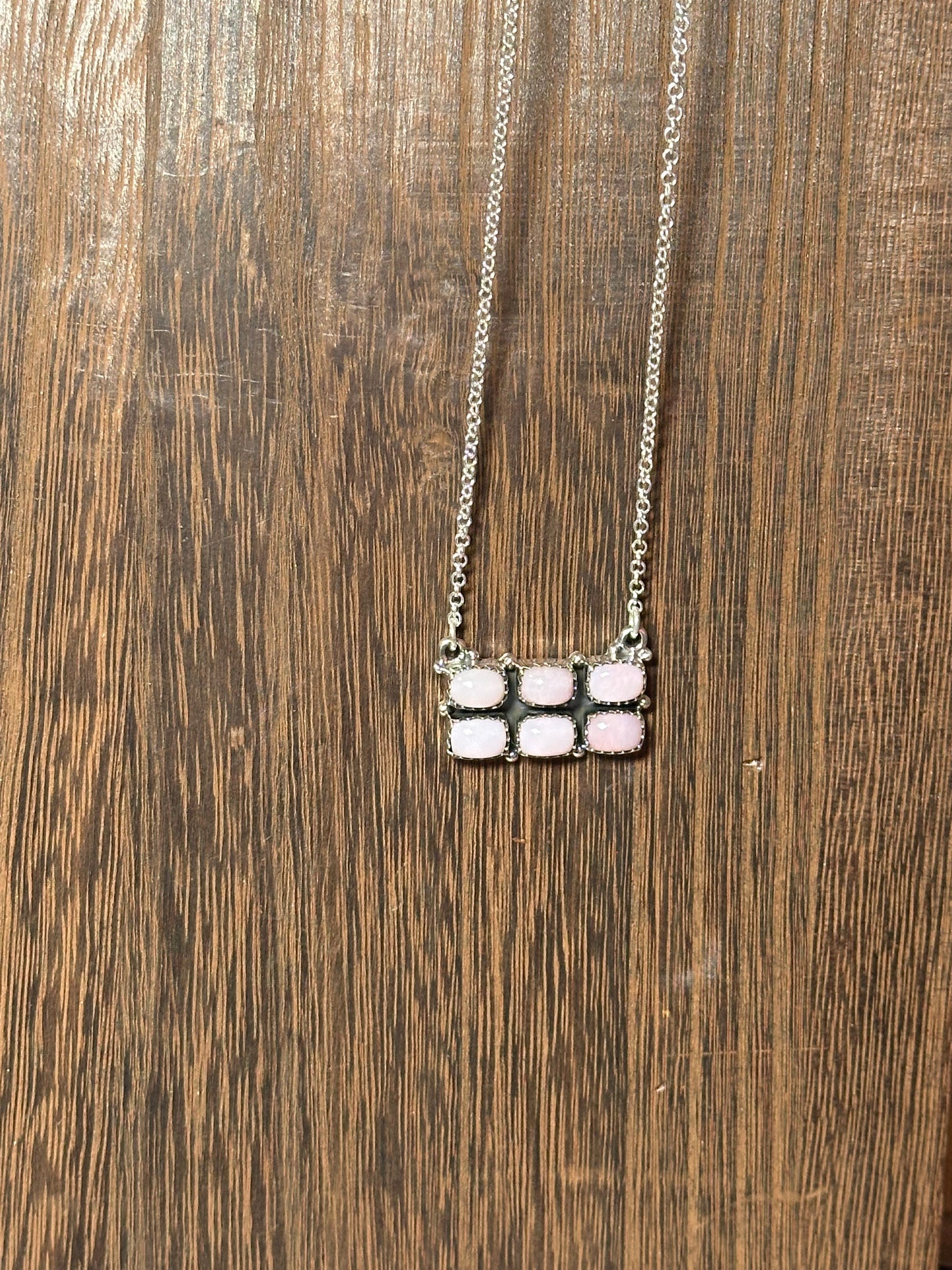 Handmade Sterling Silver & Pink Conch 6 Stone Bar Necklace