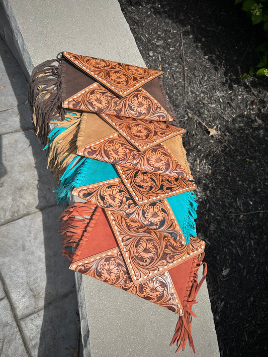 Hand Tooled Suede Leather Fringe Crossbody Bag