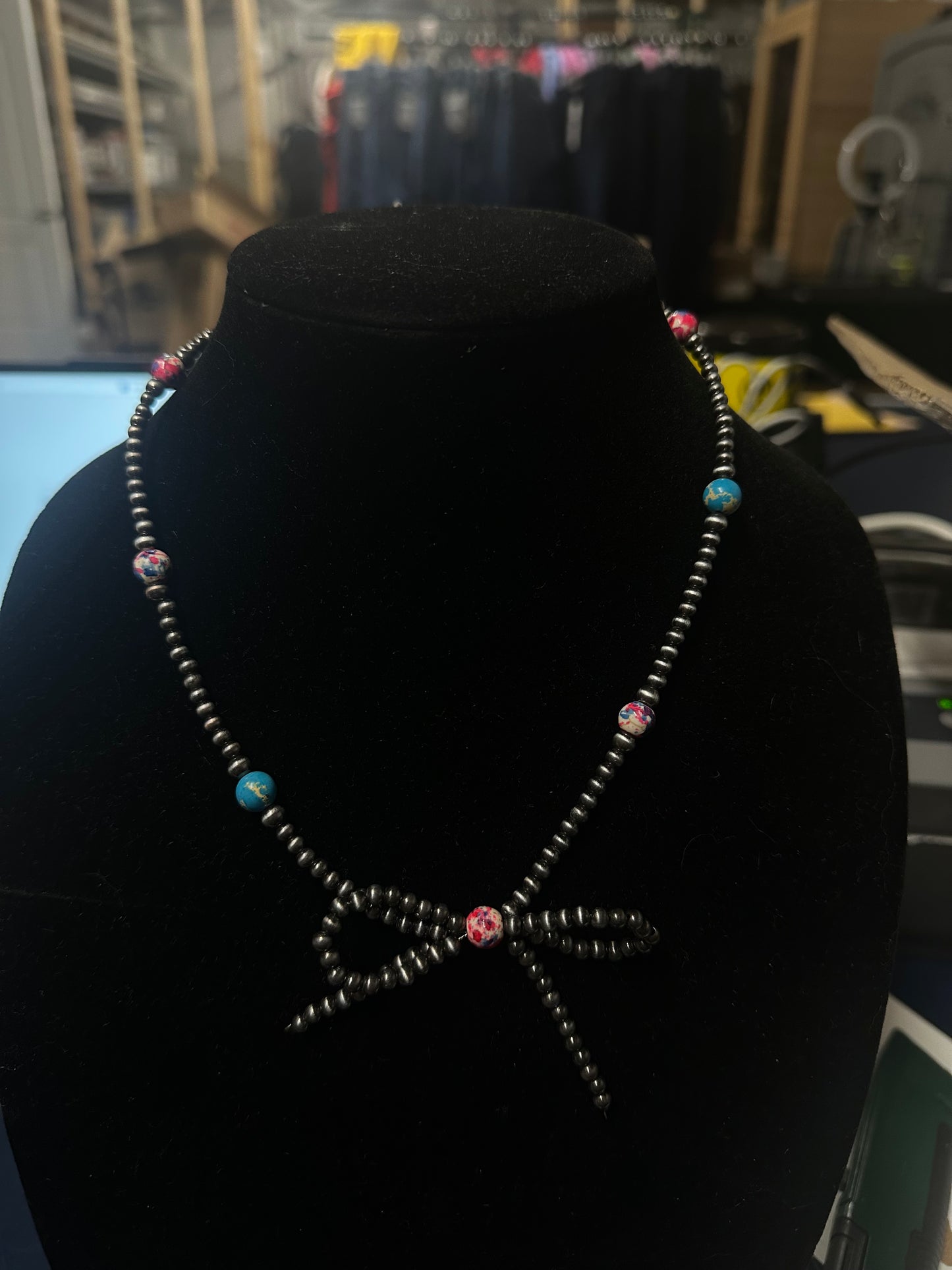 Navajo Style Pearl & Bead Bow Necklace
