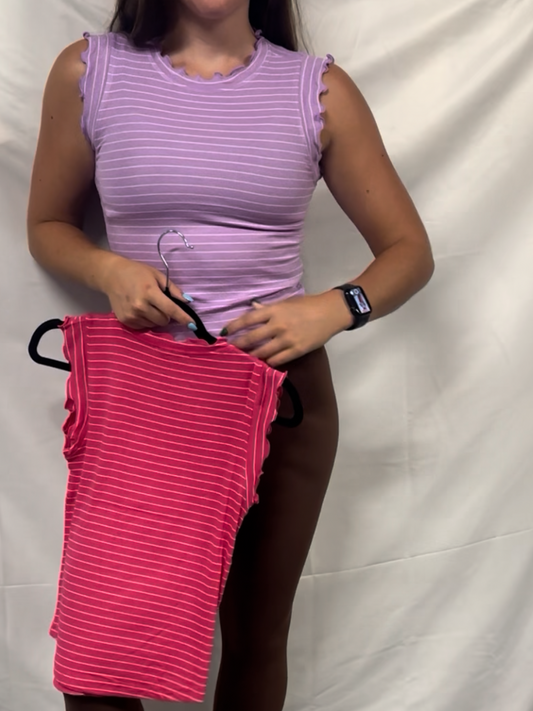 Ribbed ruffle trim sleeveless stripe top
