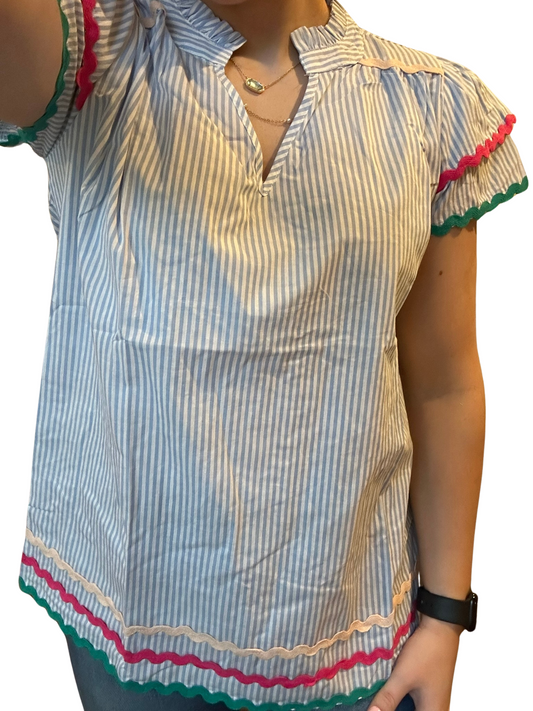 Sky Blue Stripe Ricrac Trim Split Neck Striped Ruffled Sleeve Blouse