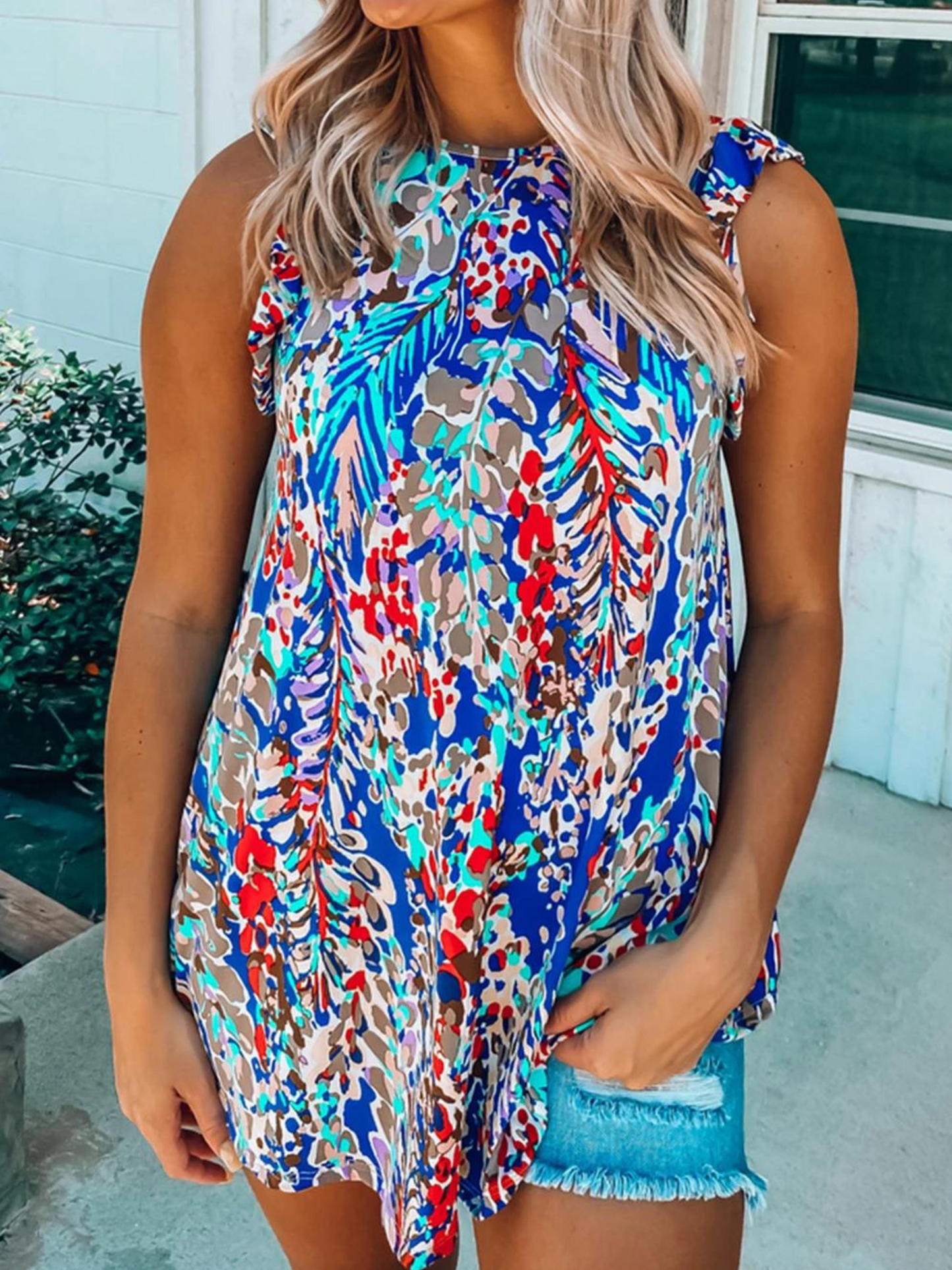 Dark Blue Abstract Print Babydoll Ruffle Sleeveless Shirt