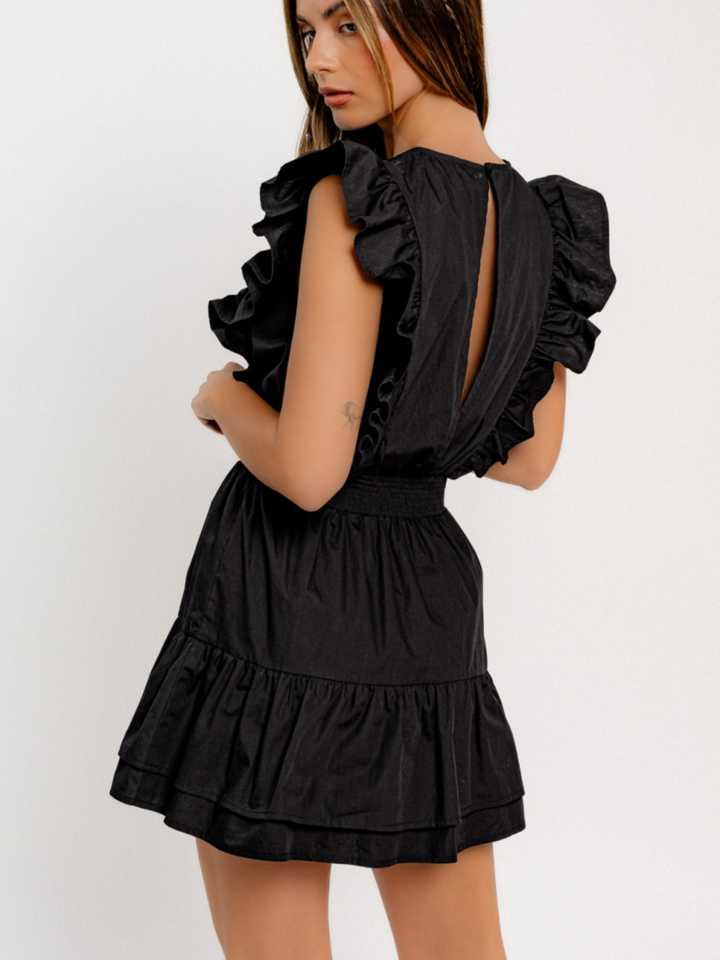 Round Neck Ruffle Sleeve Dress - Black