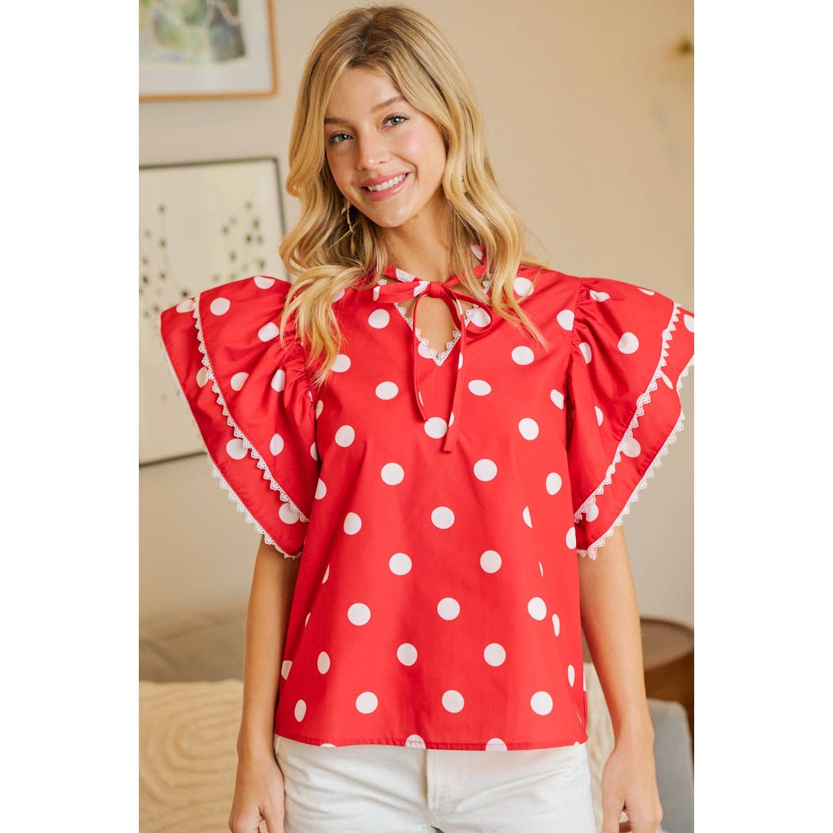 POLKA DOT PRINTED RUFFLE TRIM EDGE BLOUSE TOP