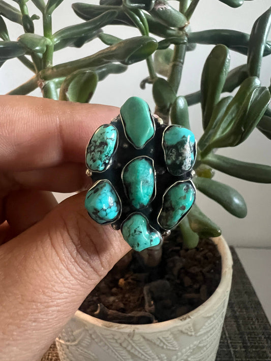 Natural turquoise statement ring, Tibetan silver, Adjustable