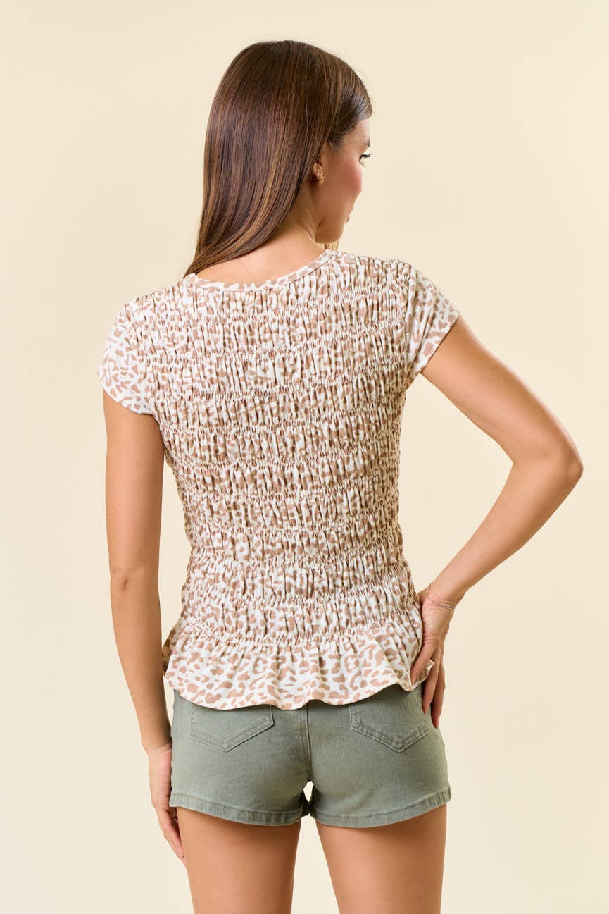 LEOPARD PRINT SMOCKED BODICE CAP SLEEVE TOP - 45028T