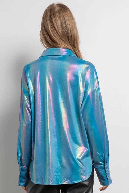 Rainbow Button Up Long Sleeve Blouse Shirt