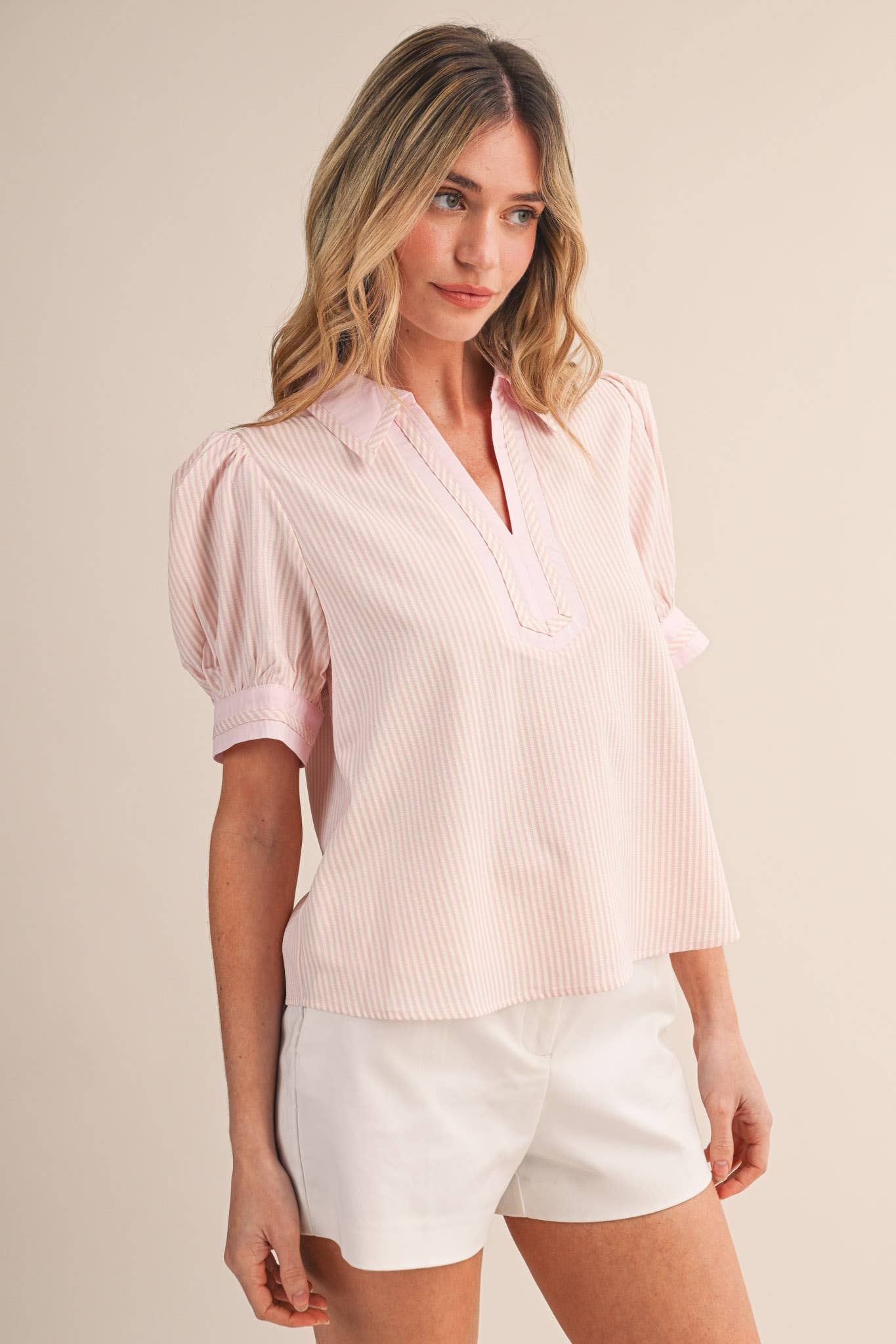 STRIPED CONTRAST BINDING COLLARED TOP MTP4840