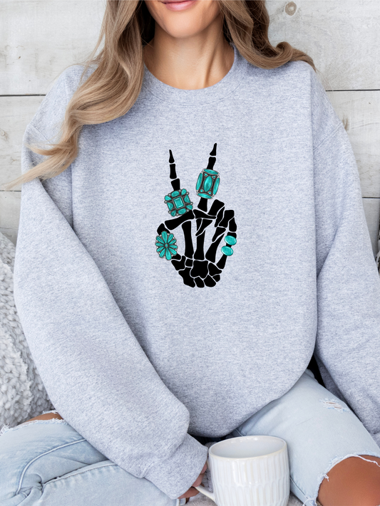 Turquoise Skeleton Peace Sign Crewneck - Western